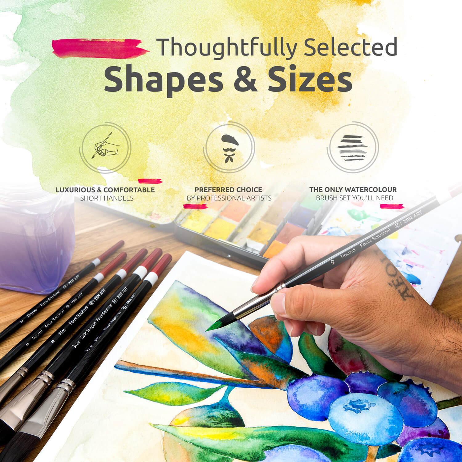 6 Pcs Artist Tulip Watercolor Brush Set for Watercolors – ZenArtSupplies